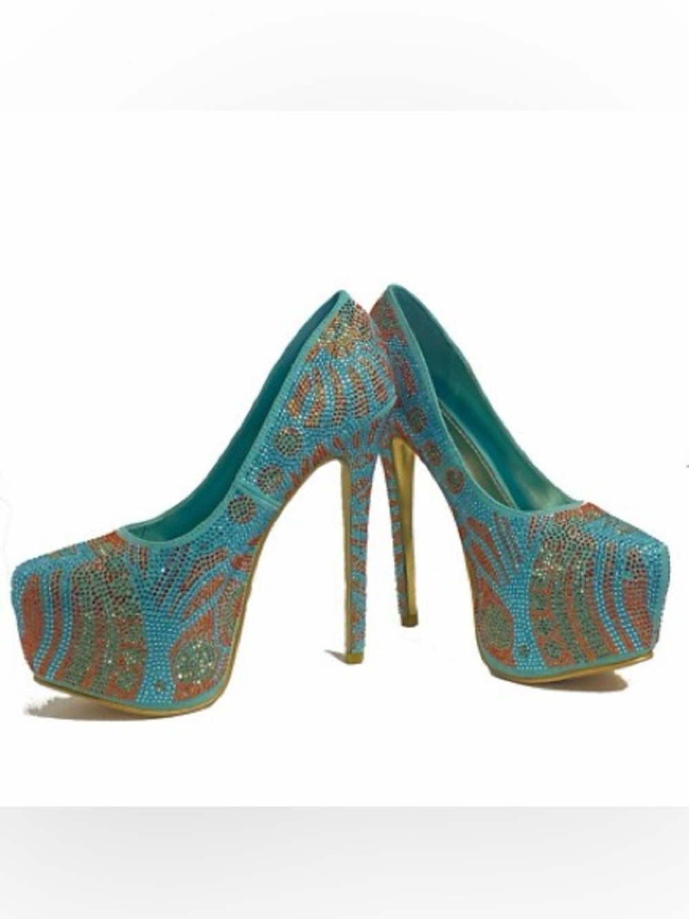 Turquoise Crystal Embellished High Heel Pumps - Women's New W/O Original Box